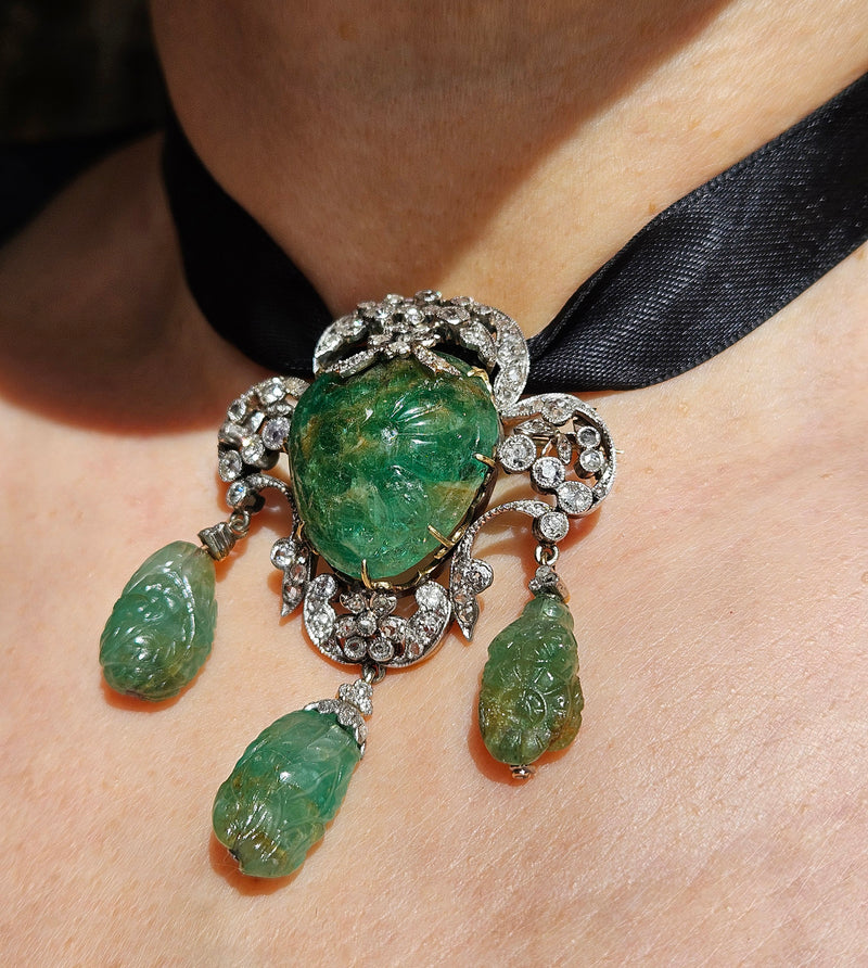1900s GIA Mughal Carved EMERALD and Old Mine Rose Cut Diamond Platinum Topped-Gold Pendant Brooch