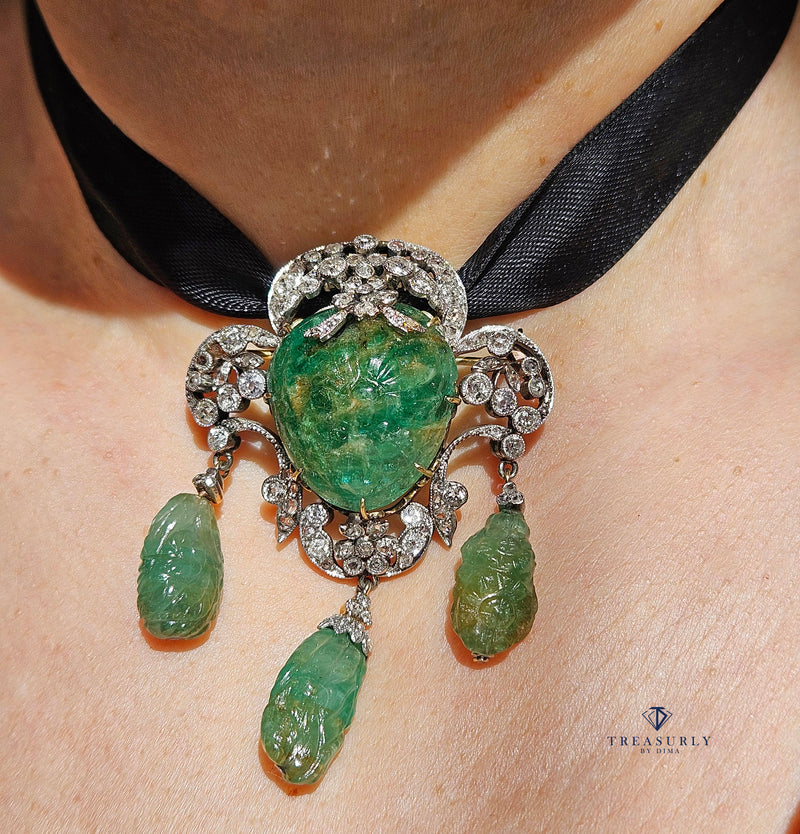 1900s GIA Mughal Carved EMERALD and Old Mine Rose Cut Diamond Platinum Topped-Gold Pendant Brooch