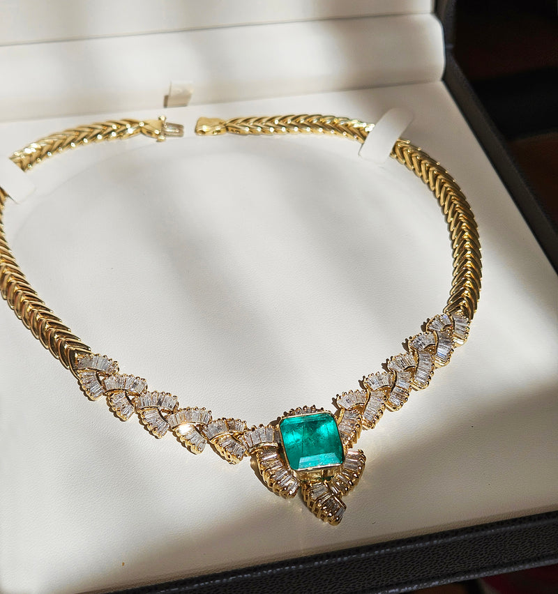 GIA 12.60ct Colombian Emerald 6.0ctw Diamond 14K Gold Estate Vintage Collar Choker Necklace, 1980s