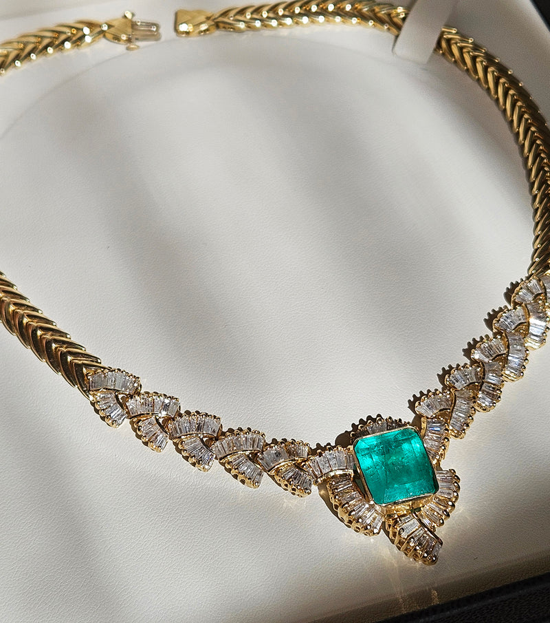GIA 12.60ct Colombian Emerald 6.0ctw Diamond 14K Gold Estate Vintage Collar Choker Necklace, 1980s
