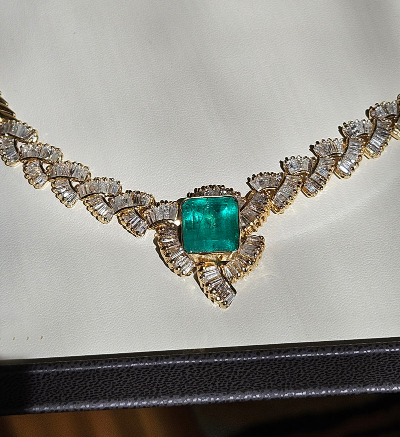 GIA 12.60ct Colombian Emerald 6.0ctw Diamond 14K Gold Estate Vintage Collar Choker Necklace, 1980s