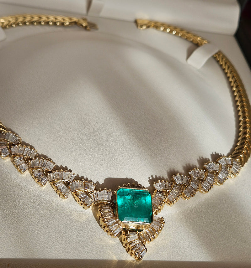 GIA 12.60ct Colombian Emerald 6.0ctw Diamond 14K Gold Estate Vintage Collar Choker Necklace, 1980s