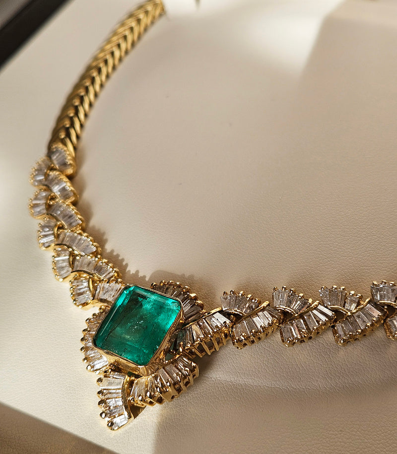 GIA 12.60ct Colombian Emerald 6.0ctw Diamond 14K Gold Estate Vintage Collar Choker Necklace, 1980s