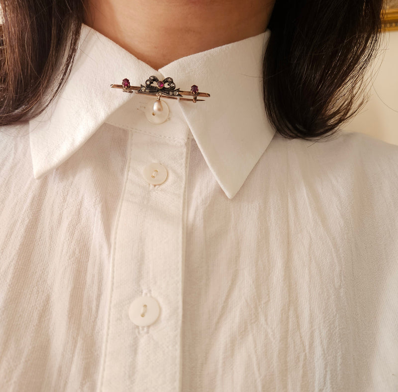 1890s English Antique Rose Cut Diamond Ruby Pearl Gold Gold Silver Bar Brooch Pin