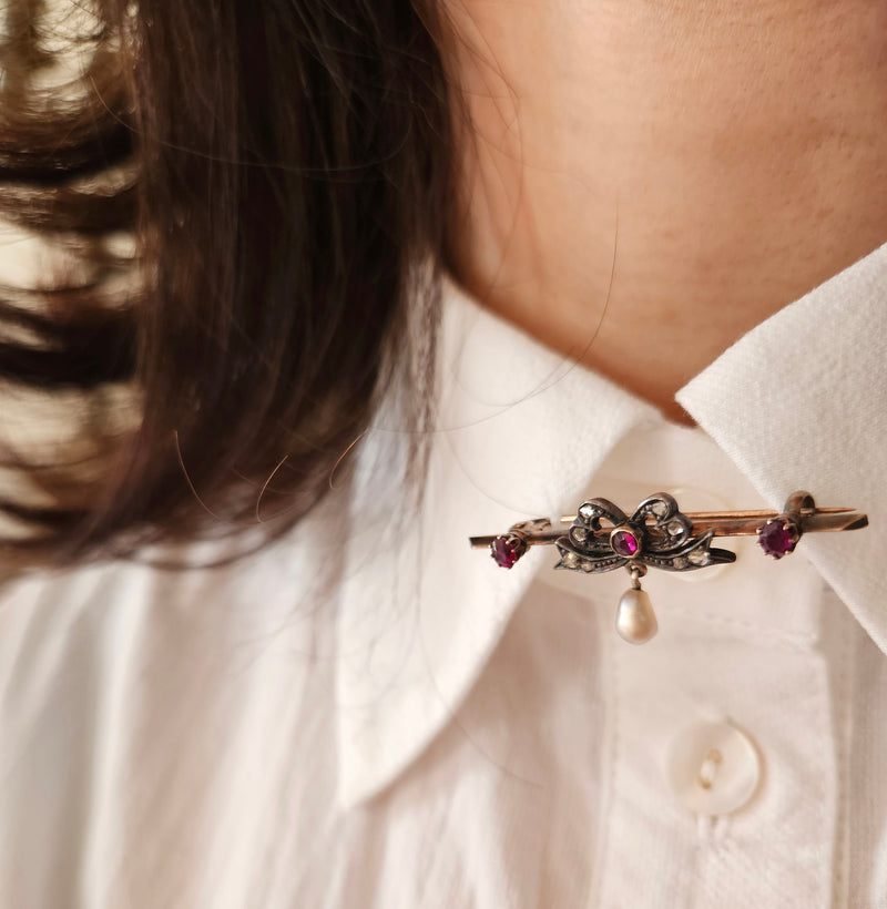 1890s English Antique Rose Cut Diamond Ruby Pearl Gold Gold Silver Bar Brooch Pin