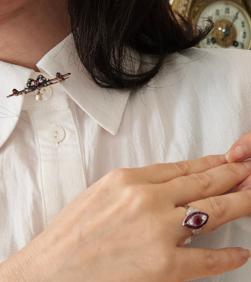 1890s English Antique Rose Cut Diamond Ruby Pearl Gold Gold Silver Bar Brooch Pin