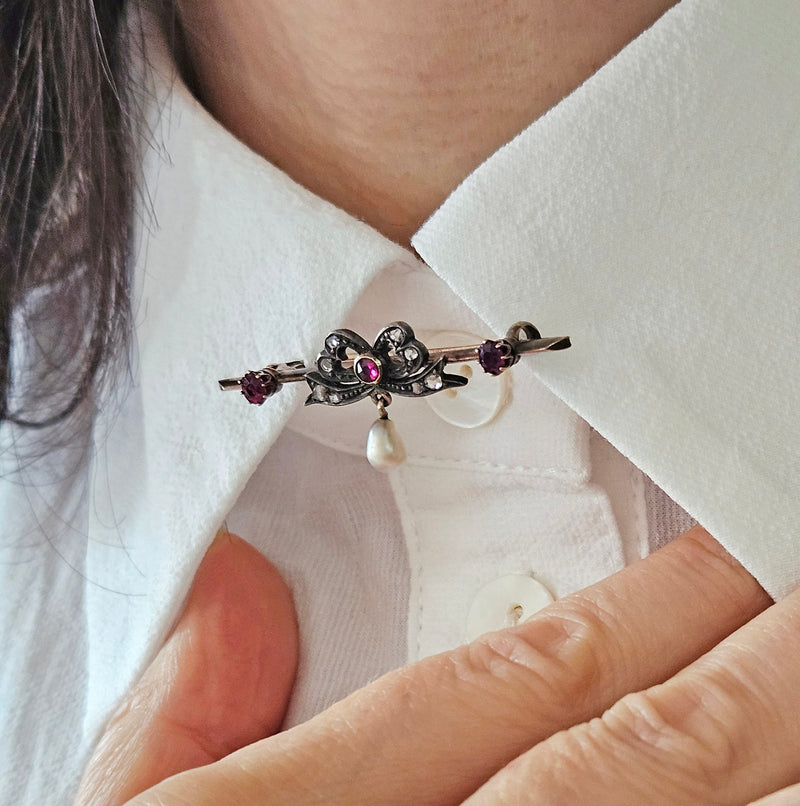 1890s English Antique Rose Cut Diamond Ruby Pearl Gold Gold Silver Bar Brooch Pin