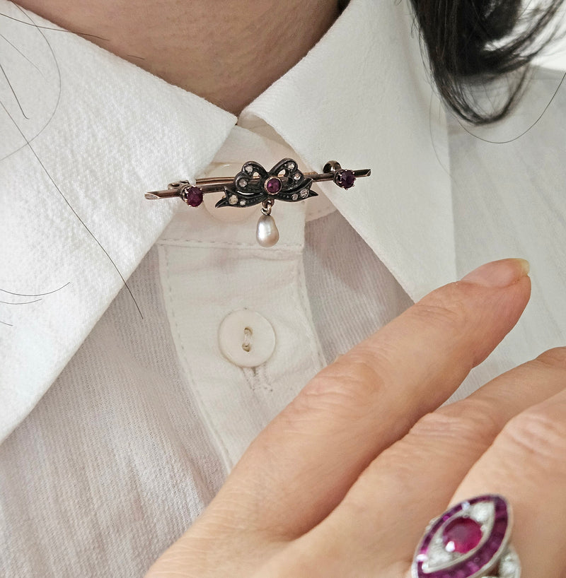 1890s English Antique Rose Cut Diamond Ruby Pearl Gold Gold Silver Bar Brooch Pin