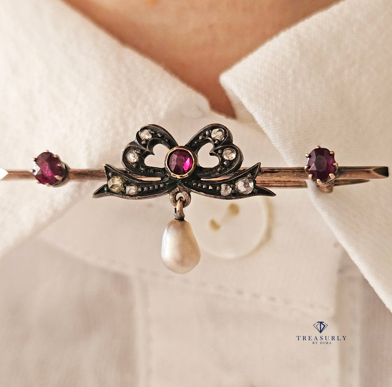 1890s English Antique Rose Cut Diamond Ruby Pearl Gold Gold Silver Bar Brooch Pin