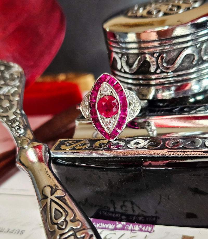 Art Deco GIA Burma Pigeon Blood Ruby and Diamond Platinum Vintage Ring, 1930s