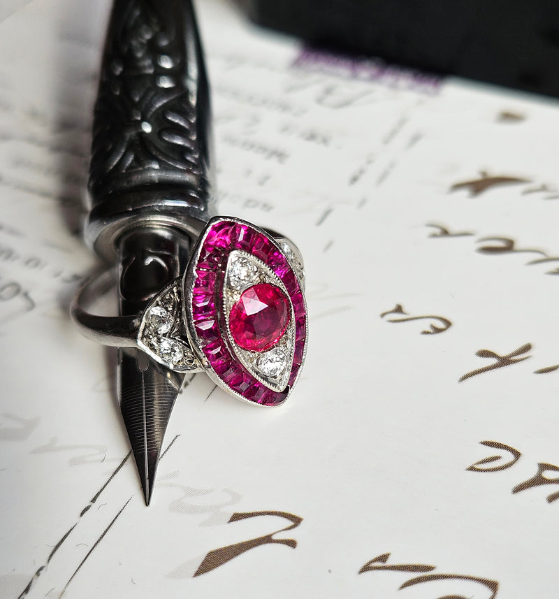 Art Deco GIA Burma Pigeon Blood Ruby and Diamond Platinum Vintage Ring, 1930s