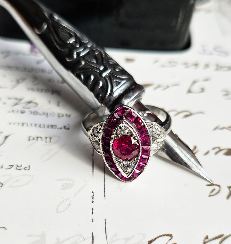 Art Deco GIA Burma Pigeon Blood Ruby and Diamond Platinum Vintage Ring, 1930s