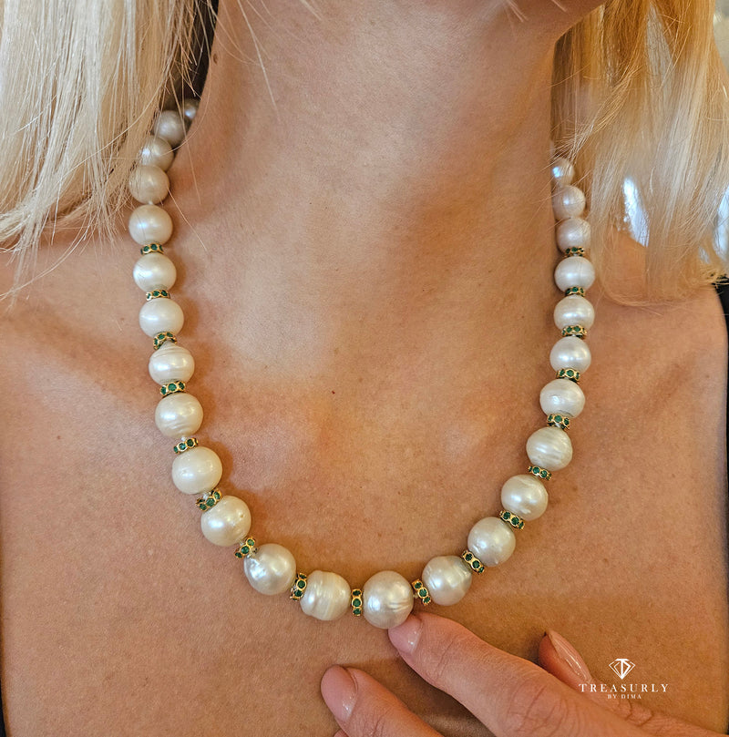 Vintage 14K Gold Cultured 10-15mm Pearl Necklace Emerald Rondelles Mabe Pearl Clasp 20"