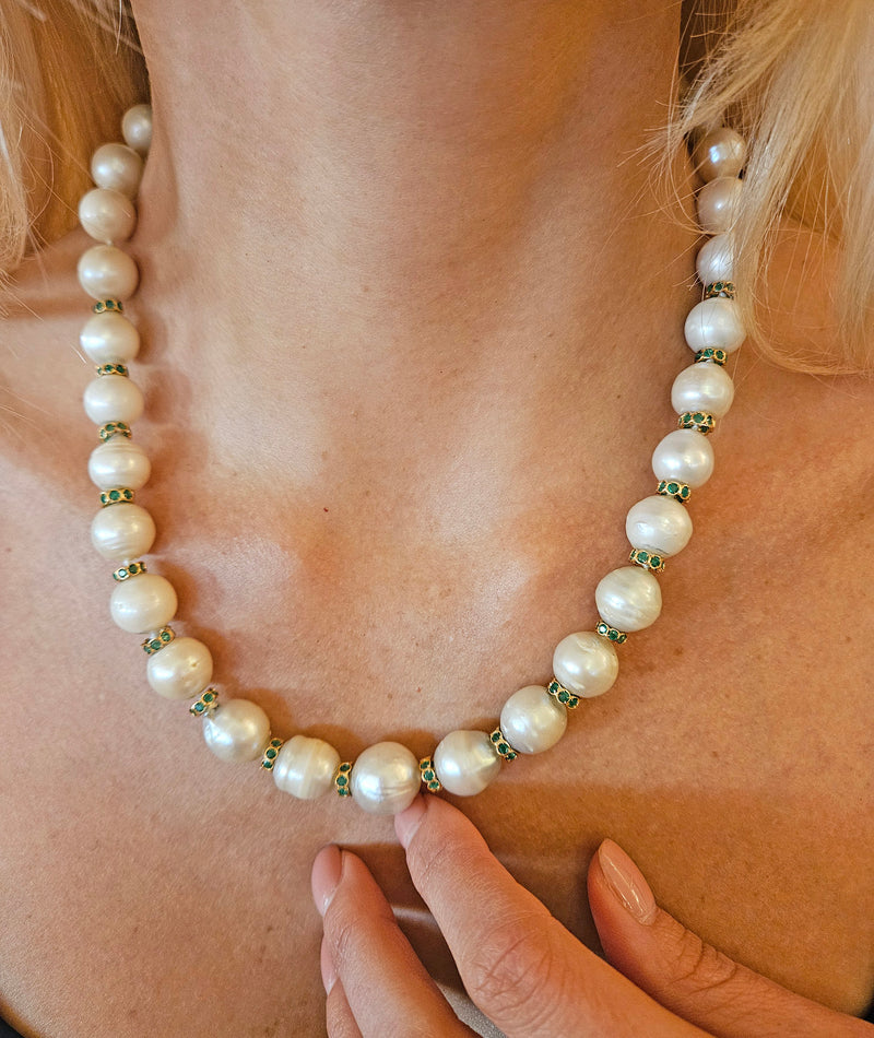 Vintage 14K Gold Cultured 10-15mm Pearl Necklace Emerald Rondelles Mabe Pearl Clasp 20"