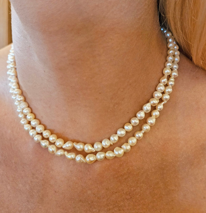 GIA 2-Strand Akoya Baroque Japanese Pearl 14K White Gold Vintage Necklace; Multi Strand Pearl Necklace