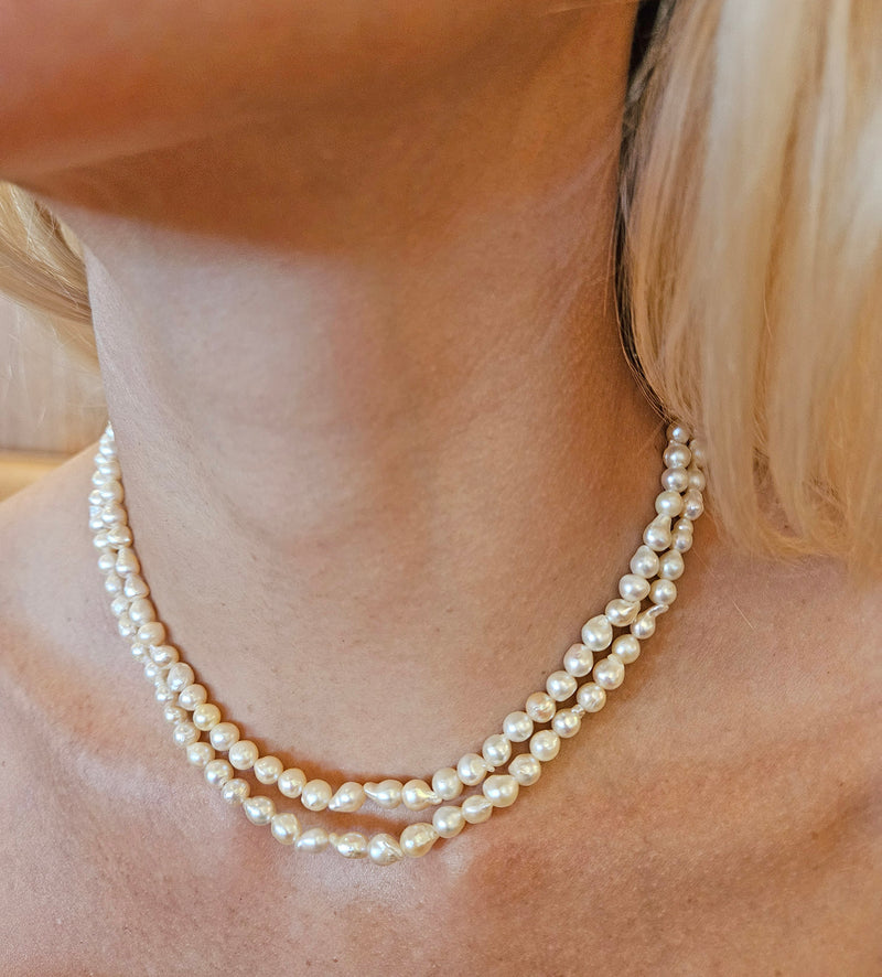 GIA 2-Strand Akoya Baroque Japanese Pearl 14K White Gold Vintage Necklace; Multi Strand Pearl Necklace