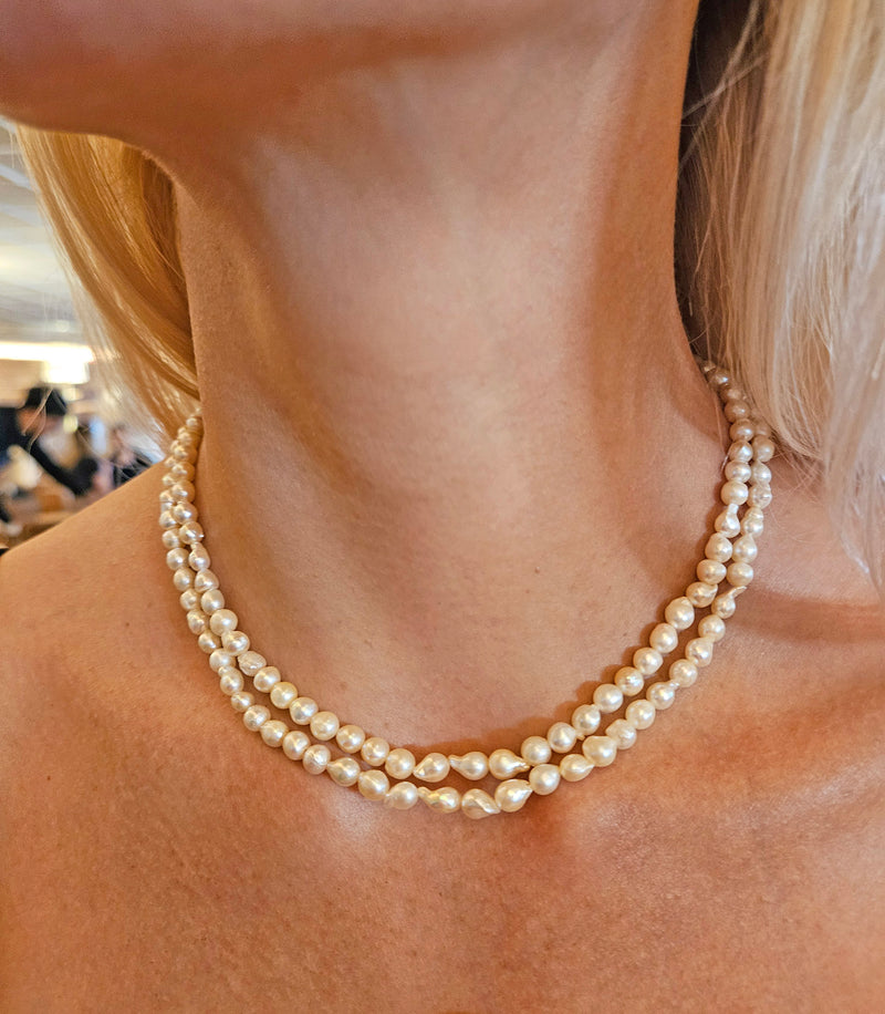 GIA 2-Strand Akoya Baroque Japanese Pearl 14K White Gold Vintage Necklace; Multi Strand Pearl Necklace
