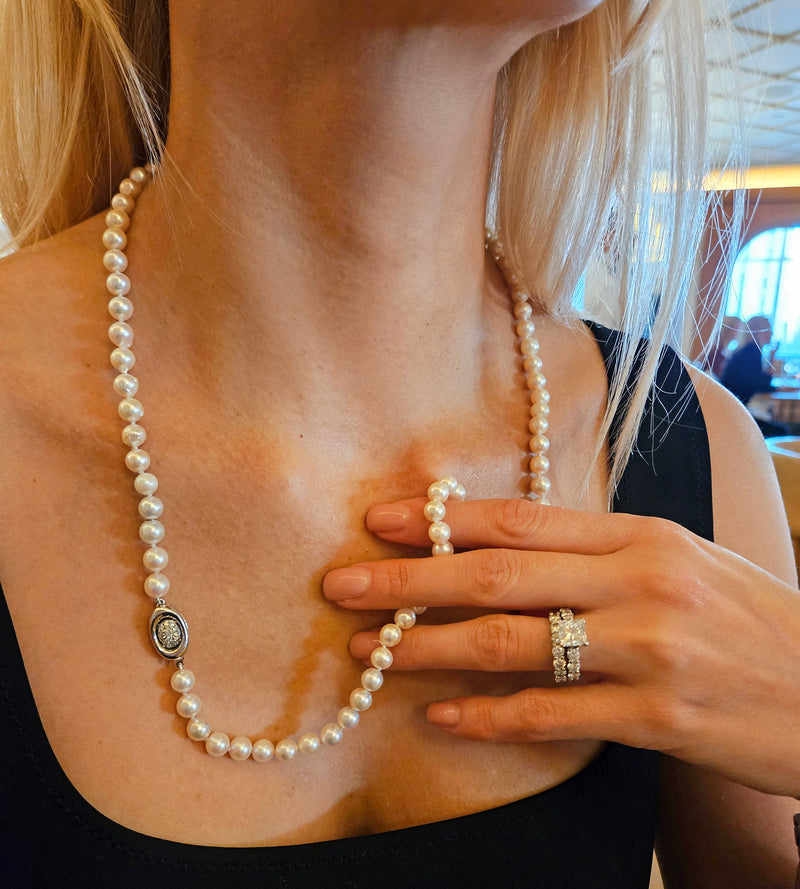 Long 26 3/4" Convertible Diamond Akoya Cultured Japanese 7mm PEARL 14K Gold Vintage NECKLACE