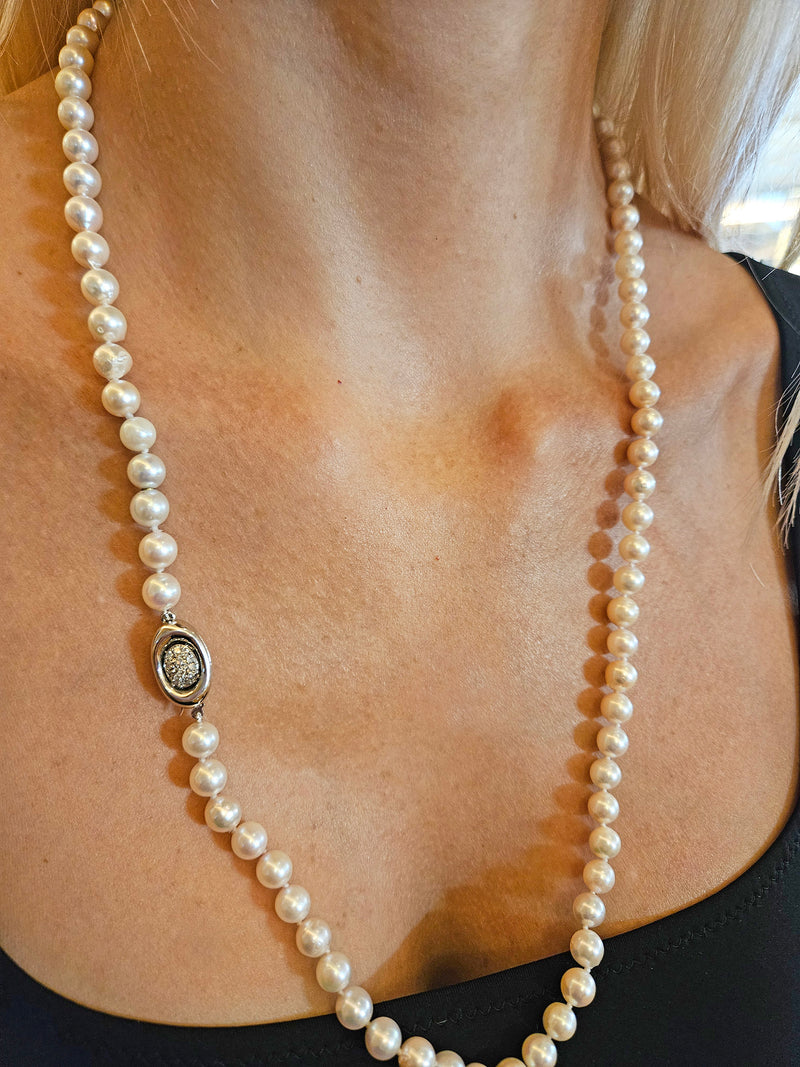 Long 26 3/4" Convertible Diamond Akoya Cultured Japanese 7mm PEARL 14K Gold Vintage NECKLACE