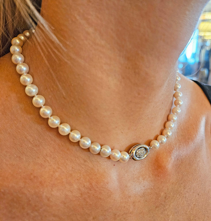 Long 26 3/4" Convertible Diamond Akoya Cultured Japanese 7mm PEARL 14K Gold Vintage NECKLACE