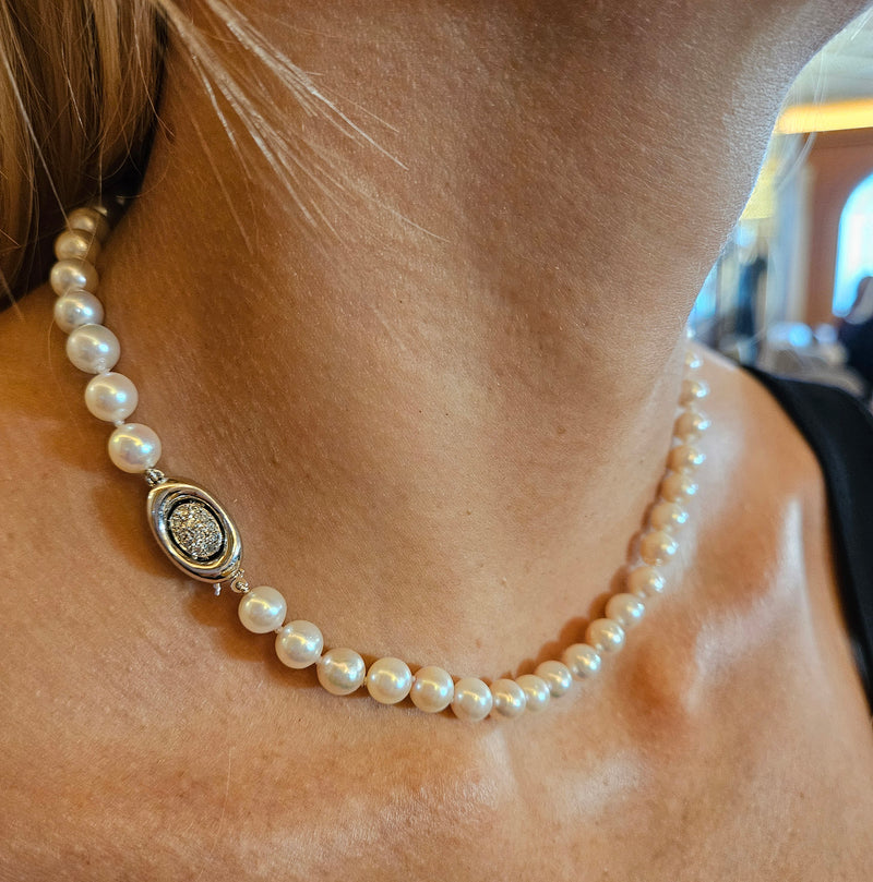 Long 26 3/4" Convertible Diamond Akoya Cultured Japanese 7mm PEARL 14K Gold Vintage NECKLACE