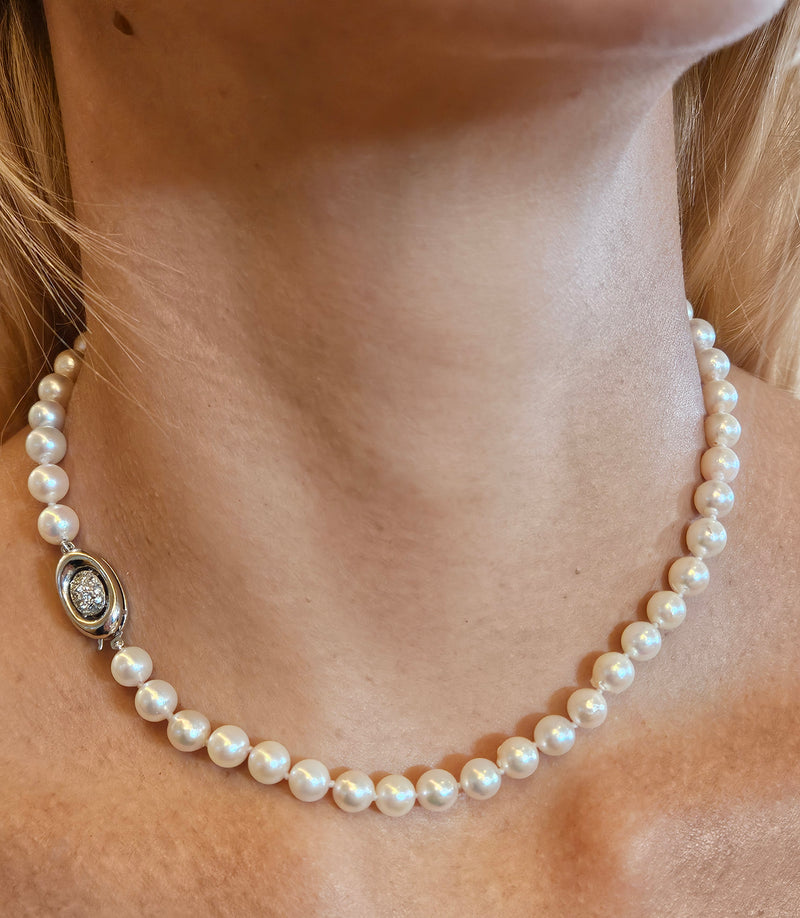 Long 26 3/4" Convertible Diamond Akoya Cultured Japanese 7mm PEARL 14K Gold Vintage NECKLACE