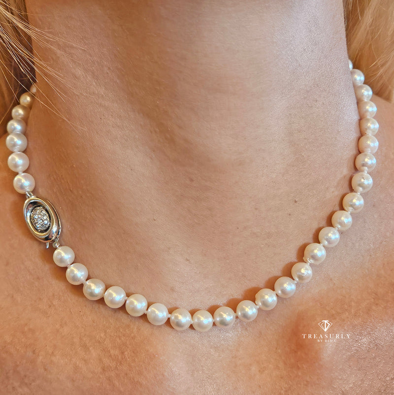 Long 26 3/4" Convertible Diamond Akoya Cultured Japanese 7mm PEARL 14K Gold Vintage NECKLACE