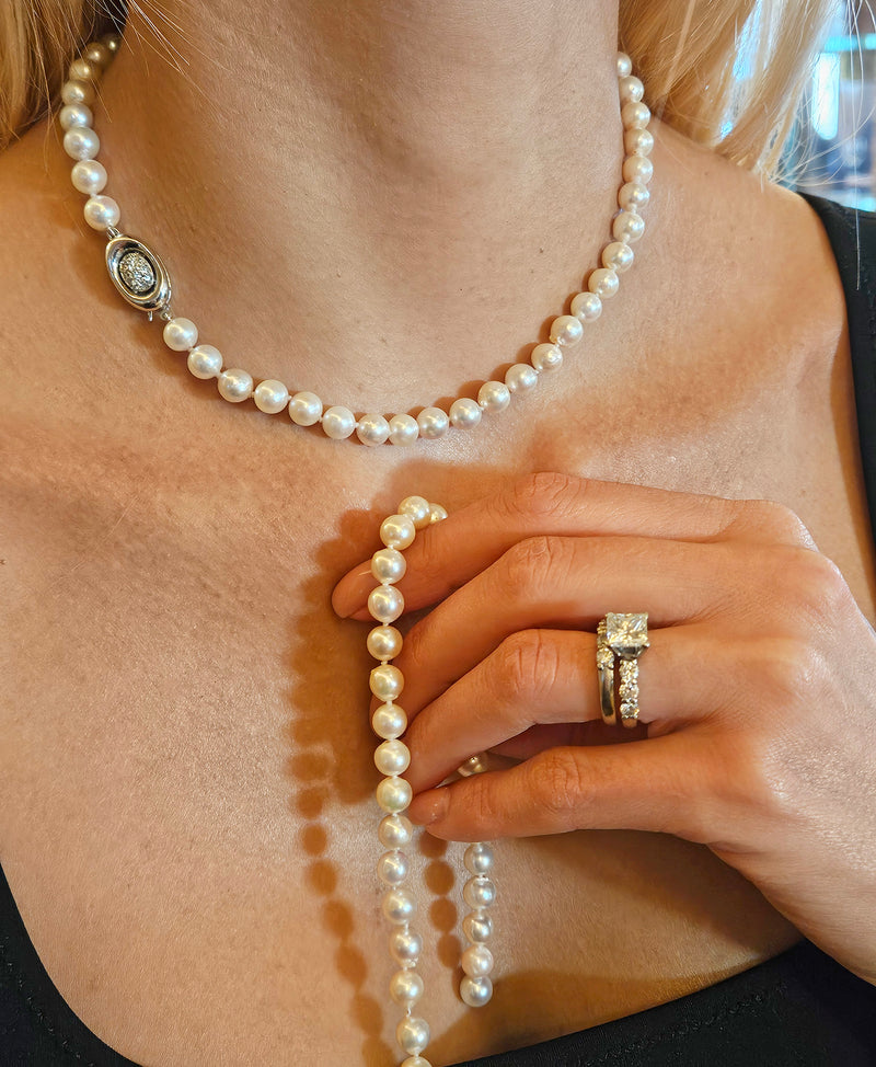 Long 26 3/4" Convertible Diamond Akoya Cultured Japanese 7mm PEARL 14K Gold Vintage NECKLACE