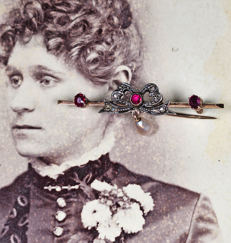 1890s English Antique Rose Cut Diamond Ruby Pearl Gold Gold Silver Bar Brooch Pin