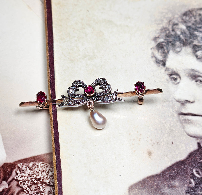 1890s English Antique Rose Cut Diamond Ruby Pearl Gold Gold Silver Bar Brooch Pin