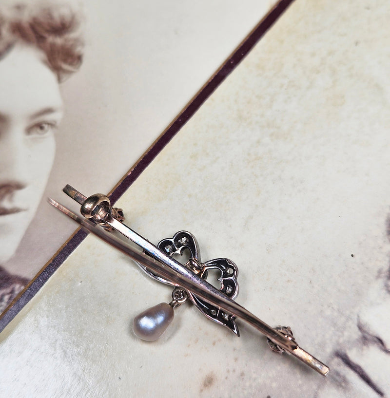 1890s English Antique Rose Cut Diamond Ruby Pearl Gold Gold Silver Bar Brooch Pin