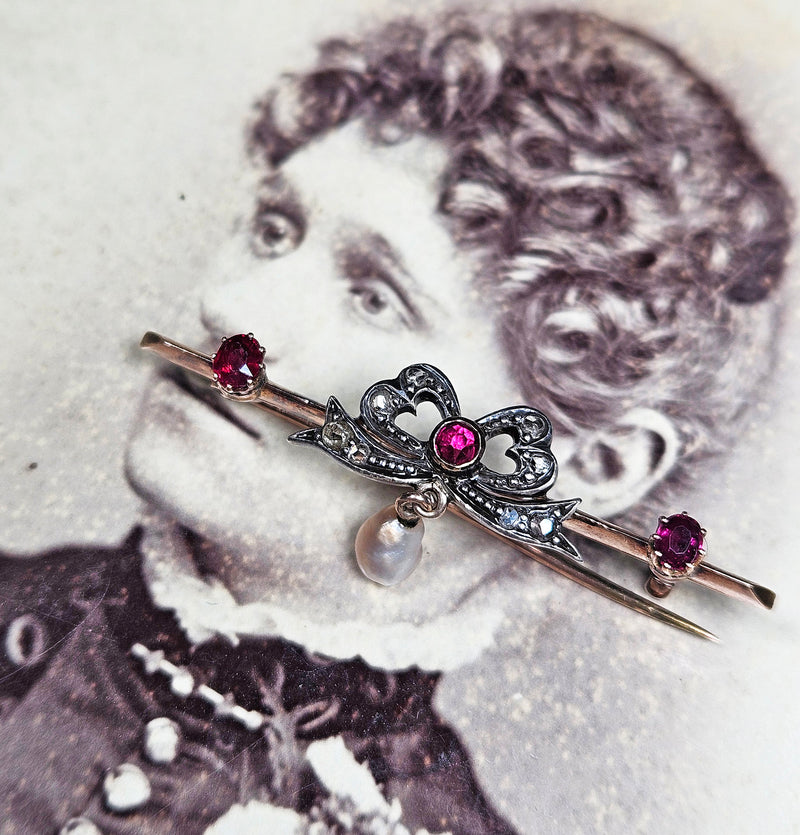 1890s English Antique Rose Cut Diamond Ruby Pearl Gold Gold Silver Bar Brooch Pin