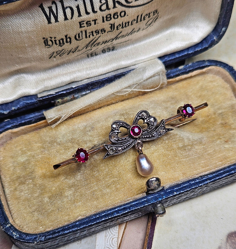 1890s English Antique Rose Cut Diamond Ruby Pearl Gold Gold Silver Bar Brooch Pin
