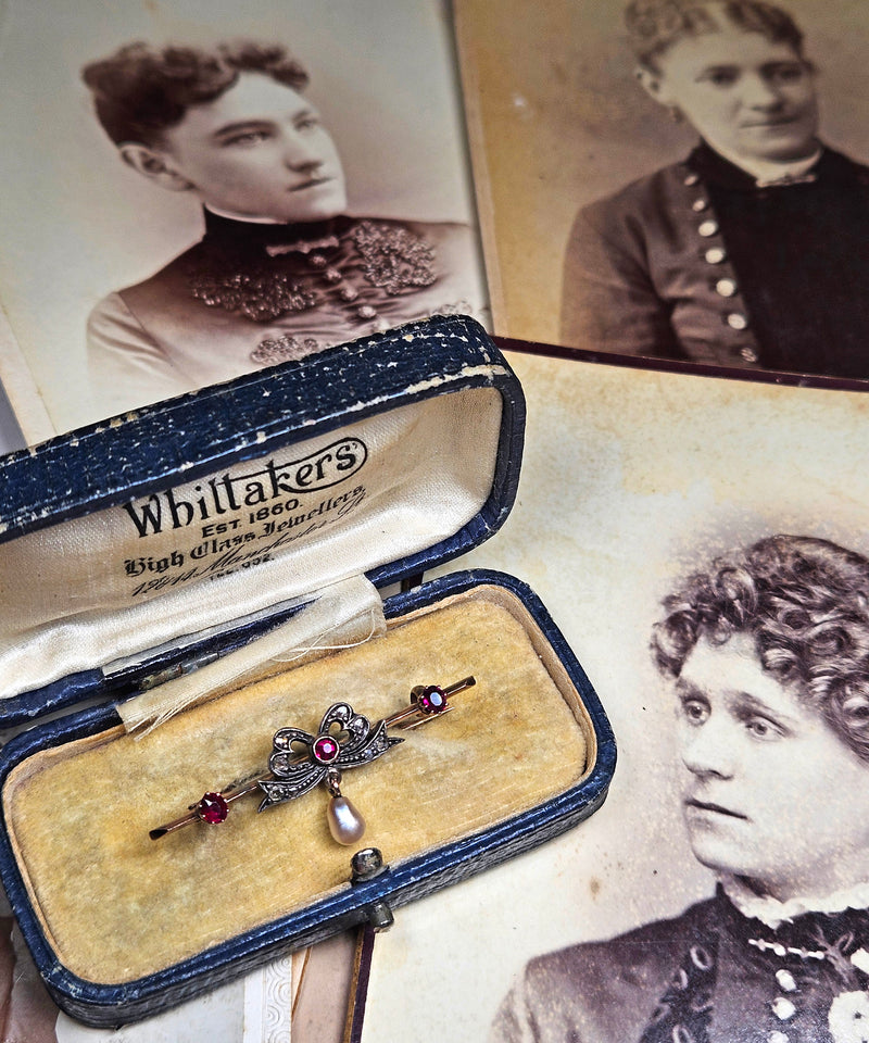 1890s English Antique Rose Cut Diamond Ruby Pearl Gold Gold Silver Bar Brooch Pin