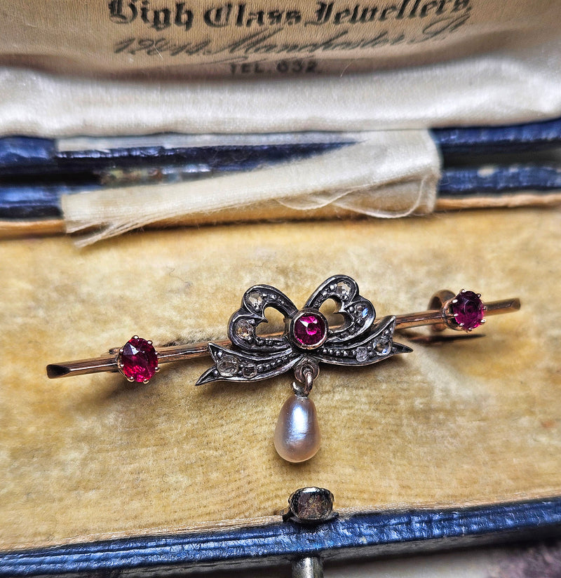 1890s English Antique Rose Cut Diamond Ruby Pearl Gold Gold Silver Bar Brooch Pin