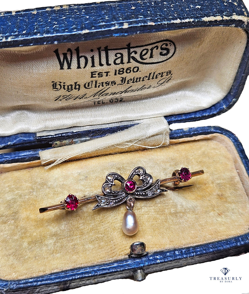 1890s English Antique Rose Cut Diamond Ruby Pearl Gold Gold Silver Bar Brooch Pin