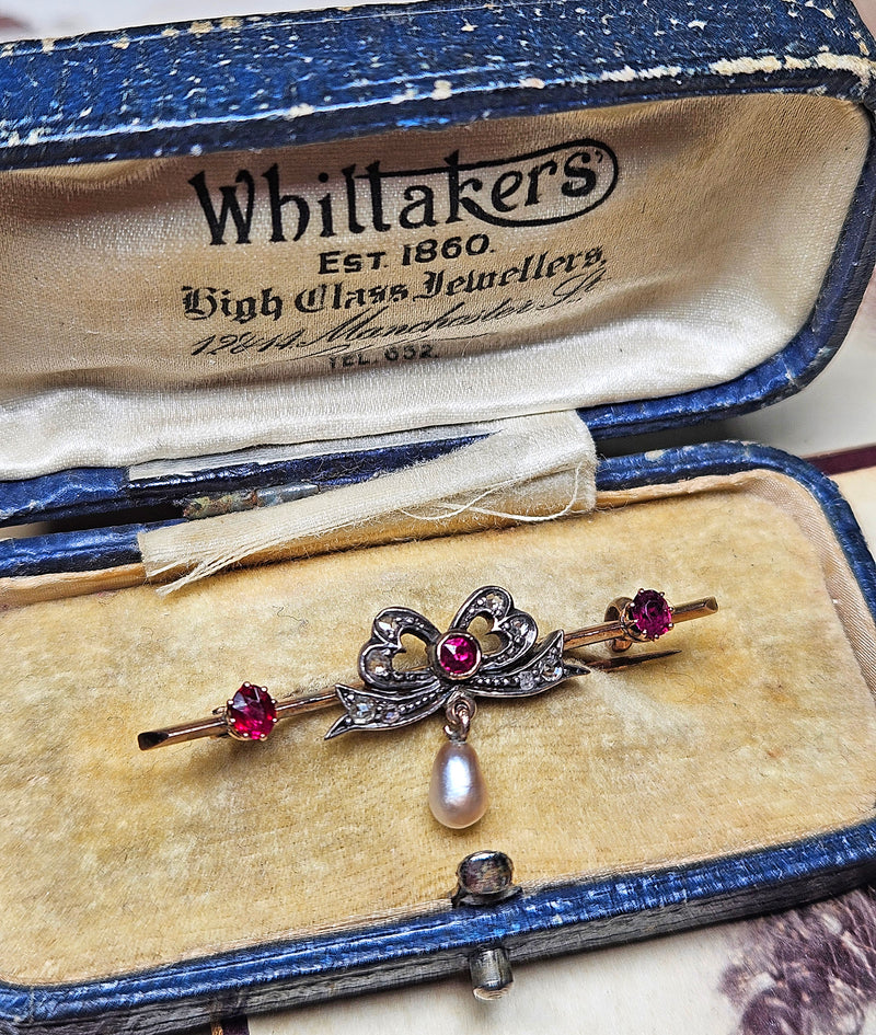 1890s English Antique Rose Cut Diamond Ruby Pearl Gold Gold Silver Bar Brooch Pin