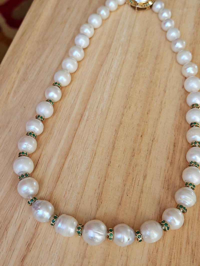 Vintage 14K Gold Cultured 10-15mm Pearl Necklace Emerald Rondelles Mabe Pearl Clasp 20"