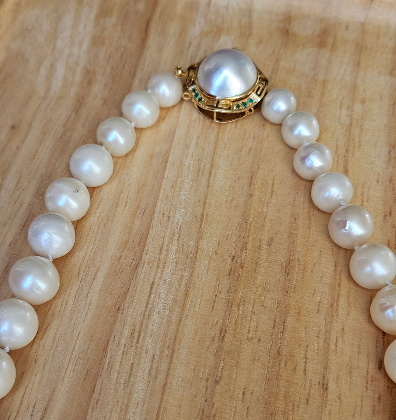 Vintage 14K Gold Cultured 10-15mm Pearl Necklace Emerald Rondelles Mabe Pearl Clasp 20"
