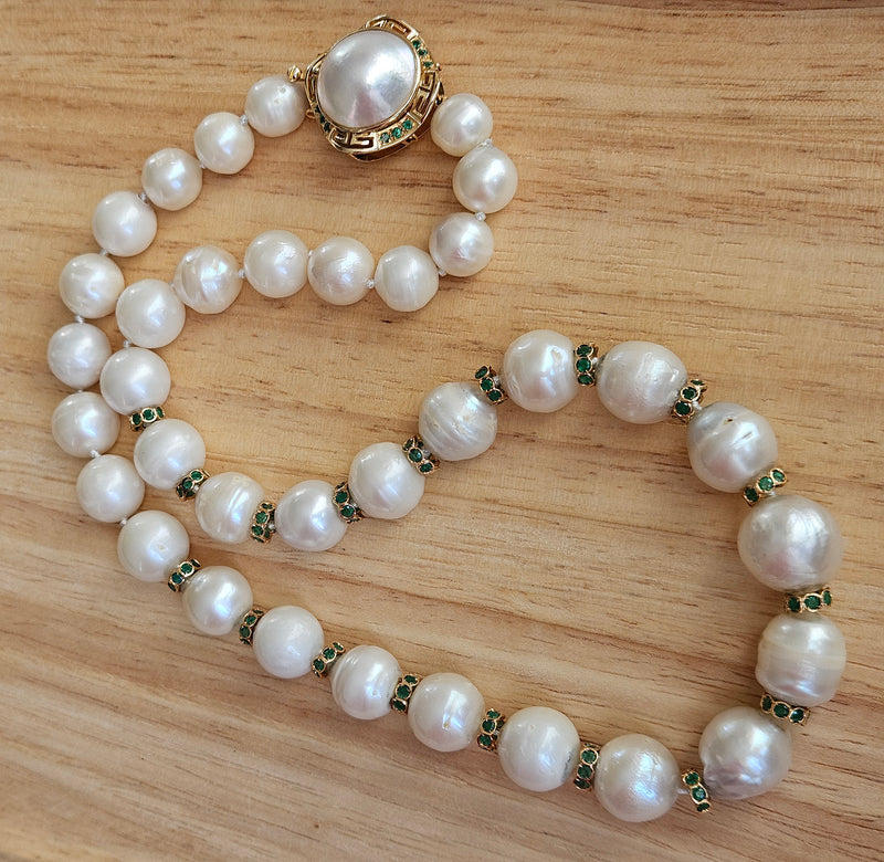 Vintage 14K Gold Cultured 10-15mm Pearl Necklace Emerald Rondelles Mabe Pearl Clasp 20"