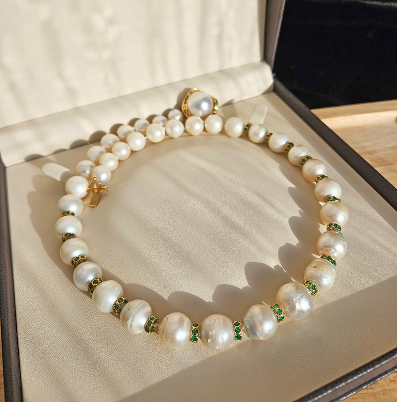 Vintage 14K Gold Cultured 10-15mm Pearl Necklace Emerald Rondelles Mabe Pearl Clasp 20"