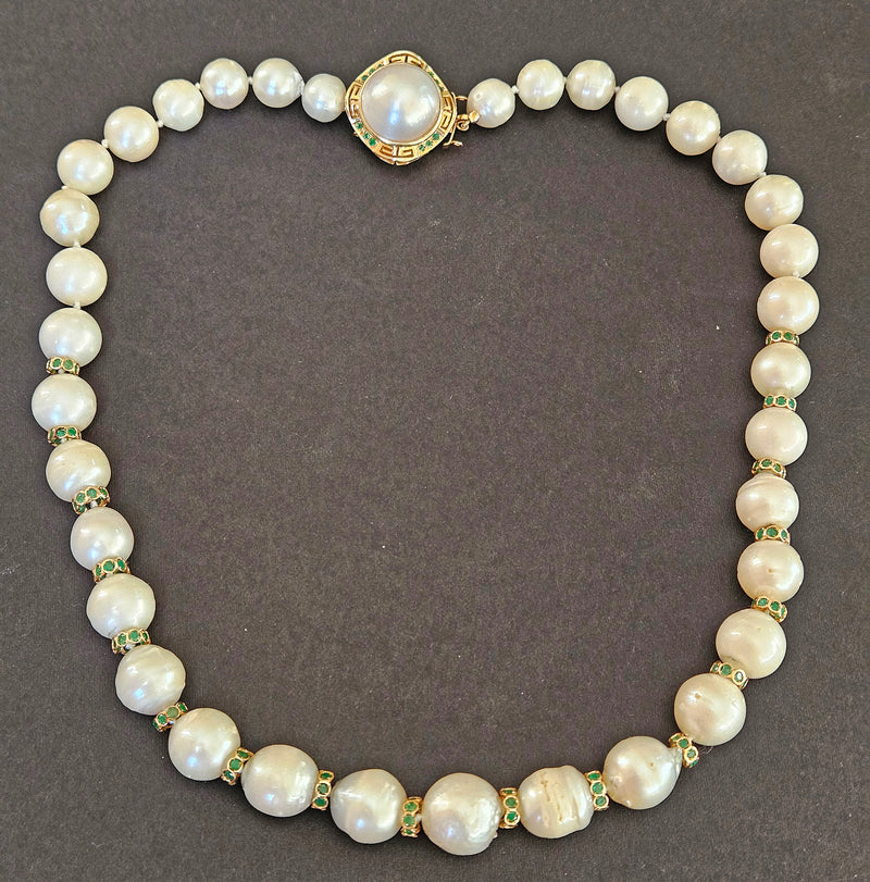 Vintage 14K Gold Cultured 10-15mm Pearl Necklace Emerald Rondelles Mabe Pearl Clasp 20"