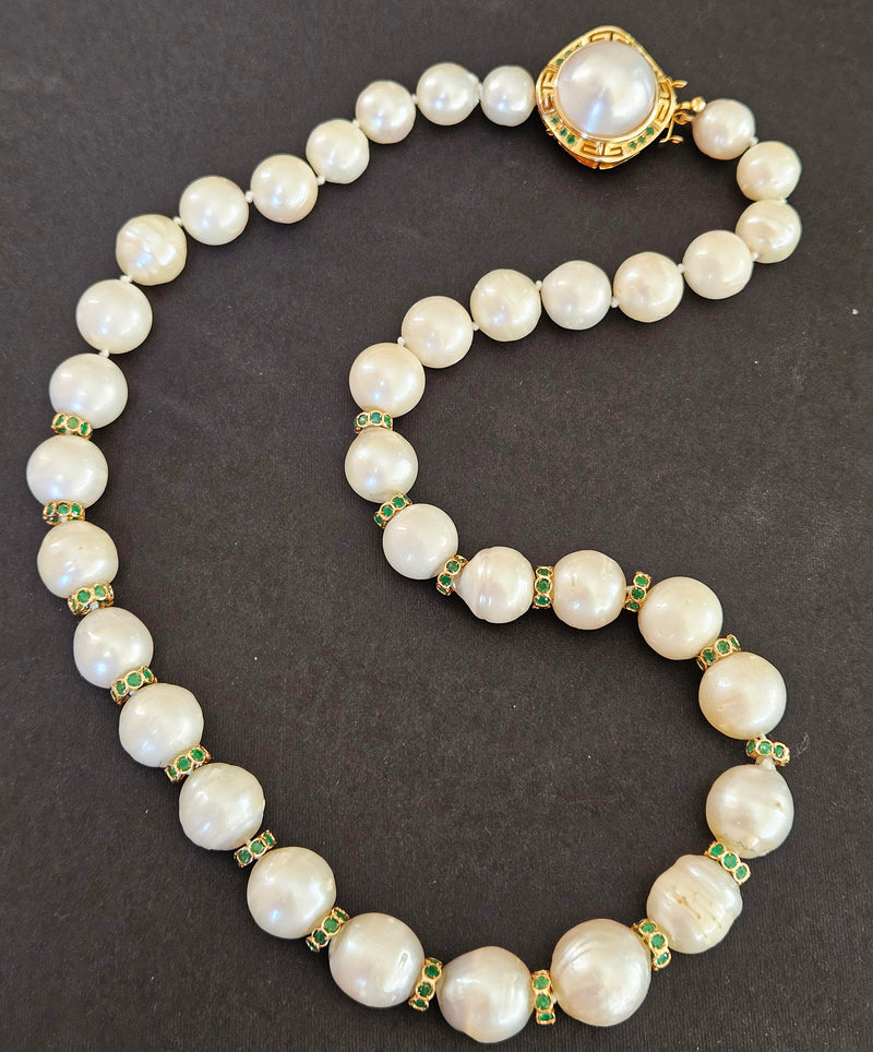 Vintage 14K Gold Cultured 10-15mm Pearl Necklace Emerald Rondelles Mabe Pearl Clasp 20"