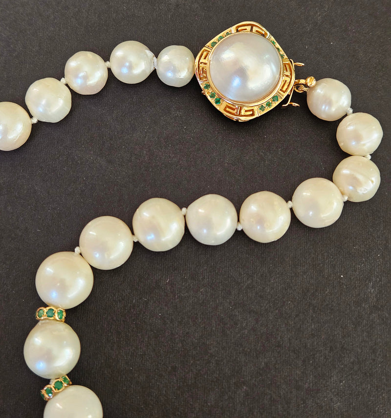 Vintage 14K Gold Cultured 10-15mm Pearl Necklace Emerald Rondelles Mabe Pearl Clasp 20"
