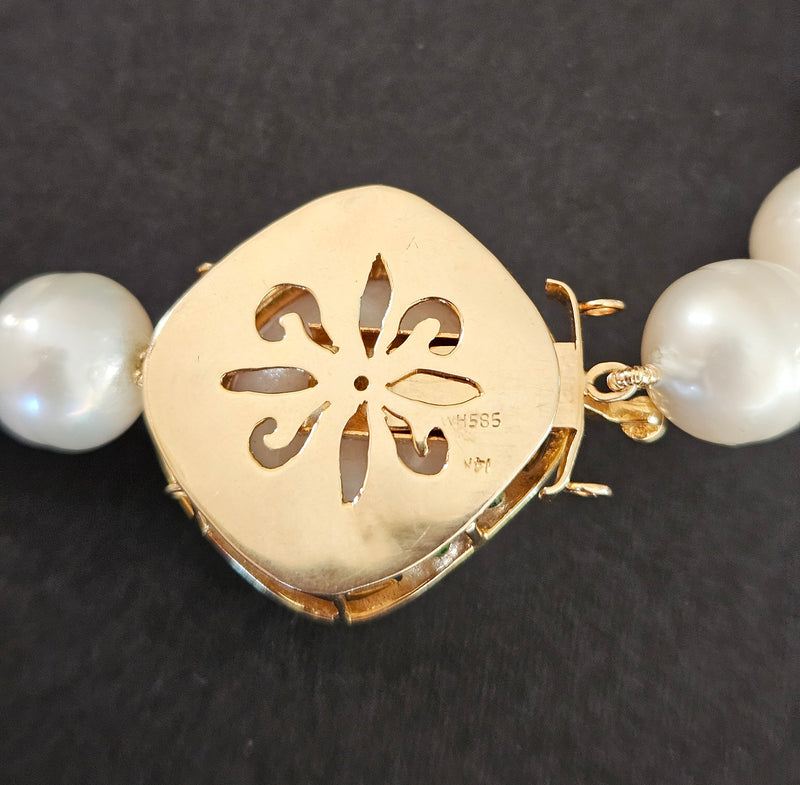 Vintage 14K Gold Cultured 10-15mm Pearl Necklace Emerald Rondelles Mabe Pearl Clasp 20"
