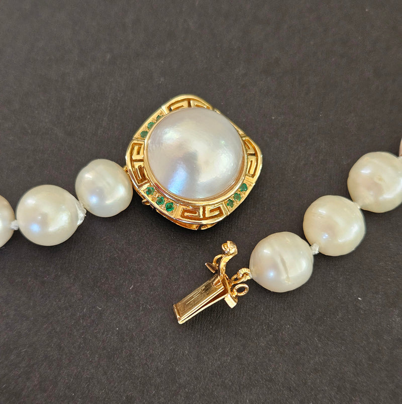 Vintage 14K Gold Cultured 10-15mm Pearl Necklace Emerald Rondelles Mabe Pearl Clasp 20"