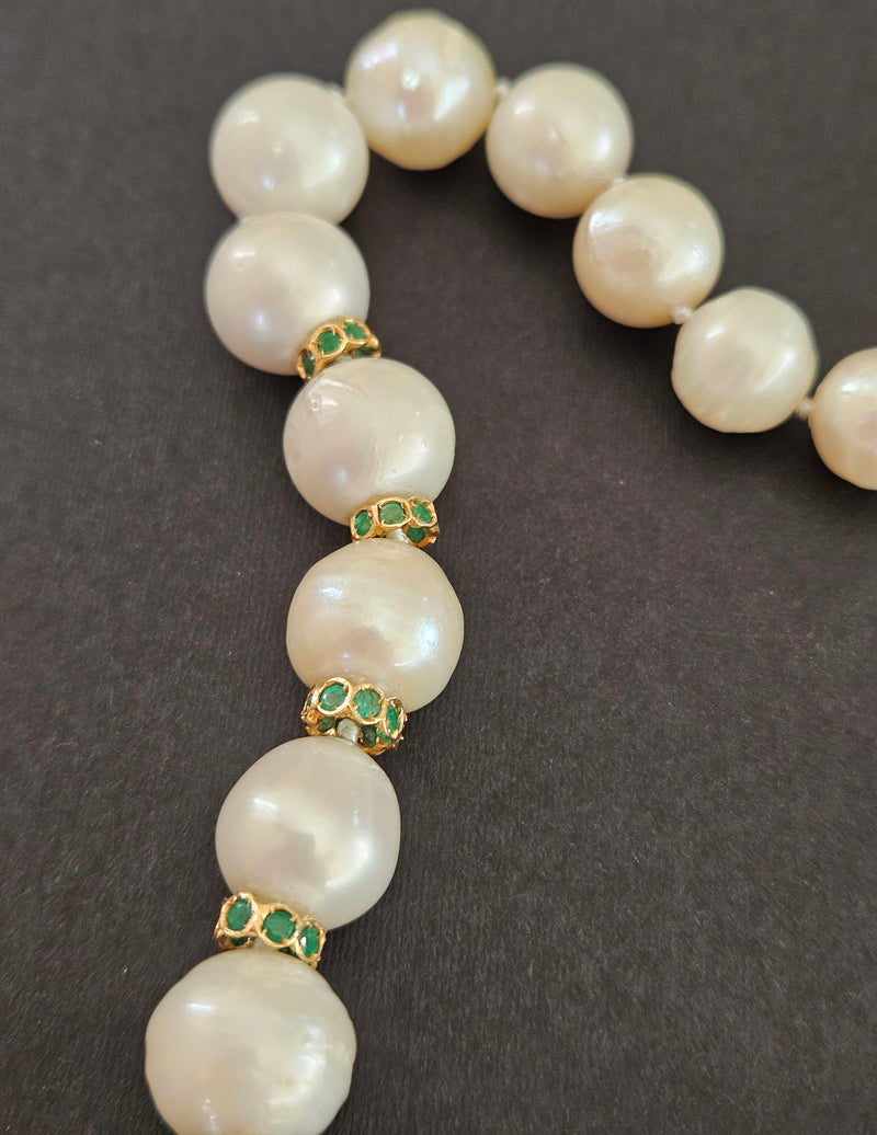 Vintage 14K Gold Cultured 10-15mm Pearl Necklace Emerald Rondelles Mabe Pearl Clasp 20"