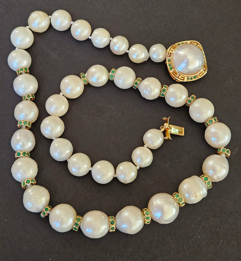 Vintage 14K Gold Cultured 10-15mm Pearl Necklace Emerald Rondelles Mabe Pearl Clasp 20"