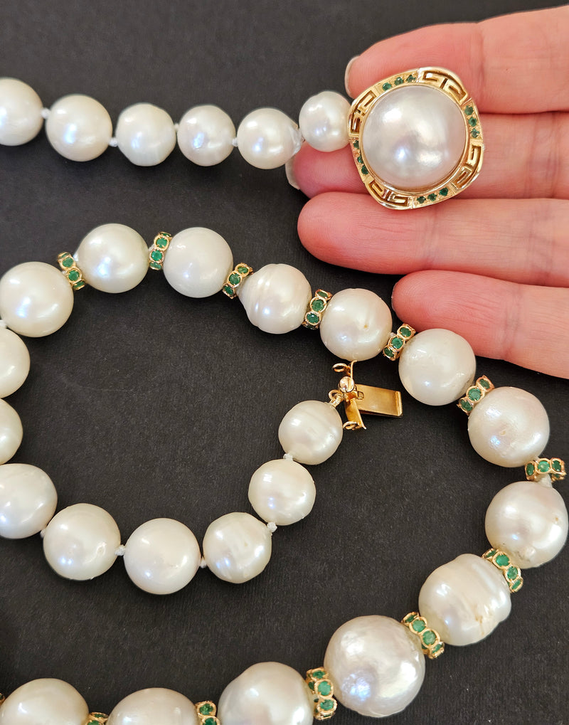 Vintage 14K Gold Cultured 10-15mm Pearl Necklace Emerald Rondelles Mabe Pearl Clasp 20"