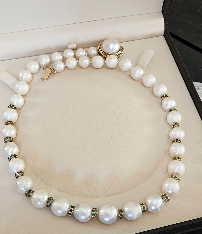 Vintage 14K Gold Cultured 10-15mm Pearl Necklace Emerald Rondelles Mabe Pearl Clasp 20"